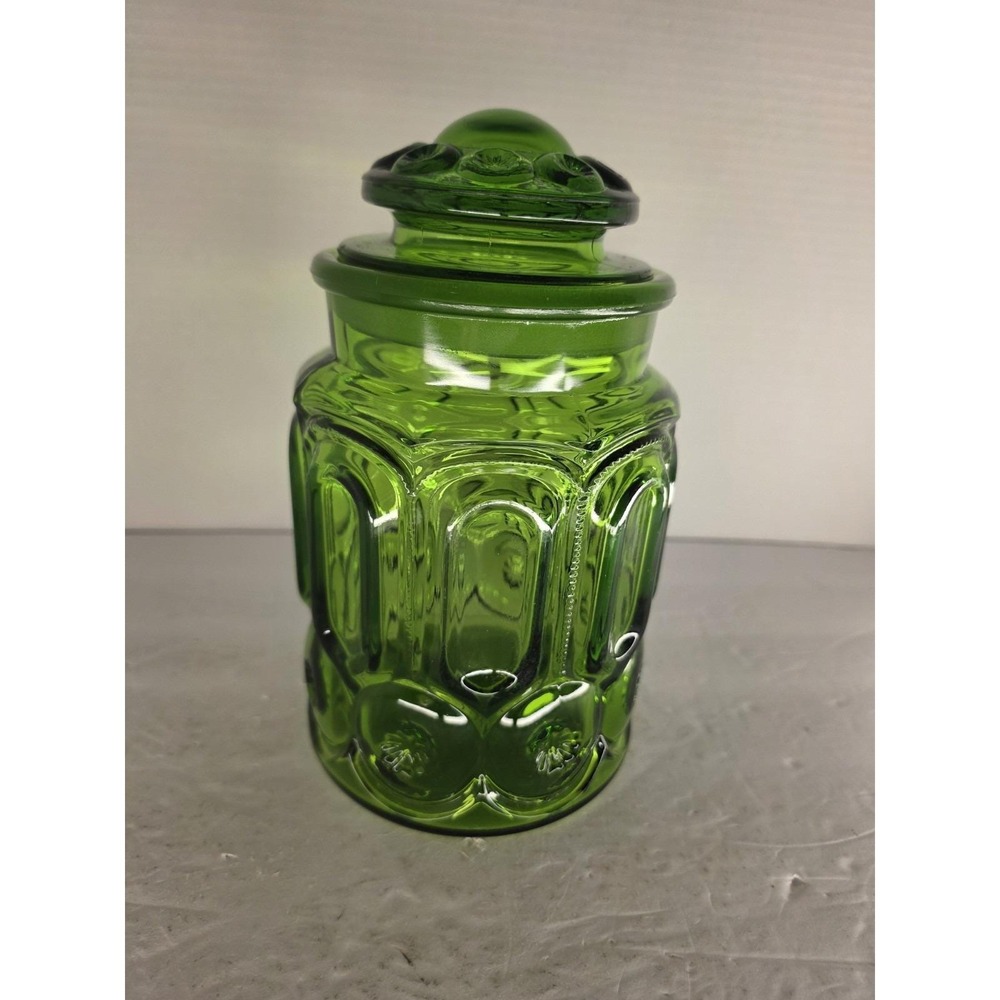 Vintage L.E. Smith Moon & Stars Green Glass 7.5" Canister Jar w/Lid MCM